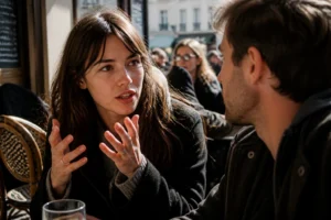 Deux personnes en conversation animée dans un café français, échange informel et spontané
