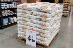 Palette de sacs de pellets de bois empilés chez Leclerc Brico avec étiquette de prix
