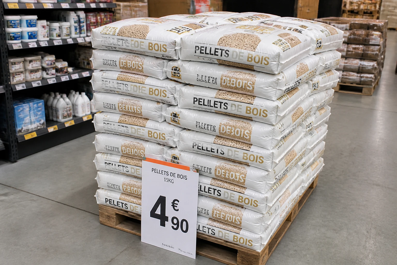 Palette de sacs de pellets de bois empilés chez Leclerc Brico avec étiquette de prix