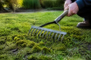 Pelouse envahie de mousse avec un râteau de jardin posé dessus, prêt à être scarifié