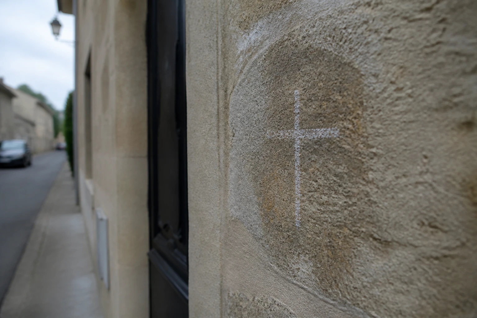 Trace de craie en forme de croix sur un mur de pierre près d'une porte d'entrée, lumière naturelle