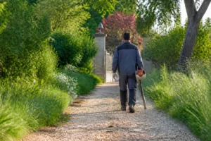 Jardinier désherbant une allée gravillonnée au désherbeur thermique, alternative légale au vinaigre blanc