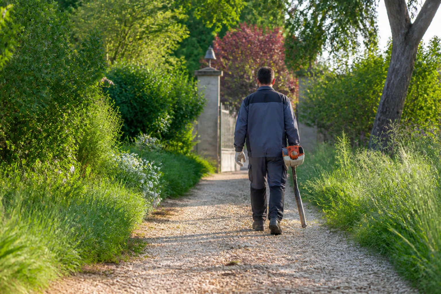 Jardinier désherbant une allée gravillonnée au désherbeur thermique, alternative légale au vinaigre blanc