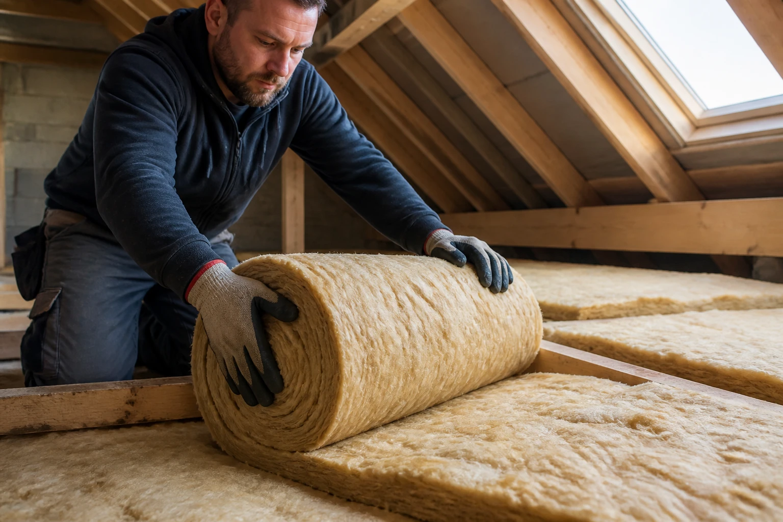 Pose de laine de verre épaisse dans un grenier en bois lors d'une rénovation thermique
