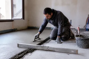 Artisan talochant un mortier de ravoirage gris sur un sol en béton en rénovation