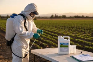 Agriculteur réglant un pulvérisateur professionnel avant un traitement phytosanitaire homologué