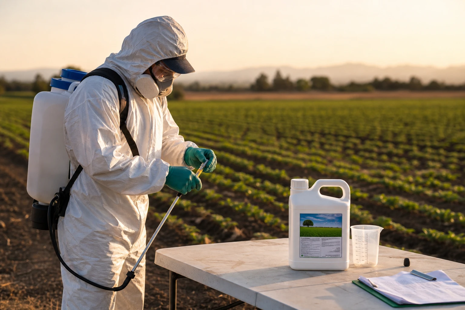 Agriculteur réglant un pulvérisateur professionnel avant un traitement phytosanitaire homologué