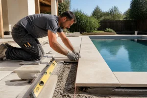 Pose de margelles en pierre naturelle autour d'une piscine rectangulaire avec cordeau et niveau
