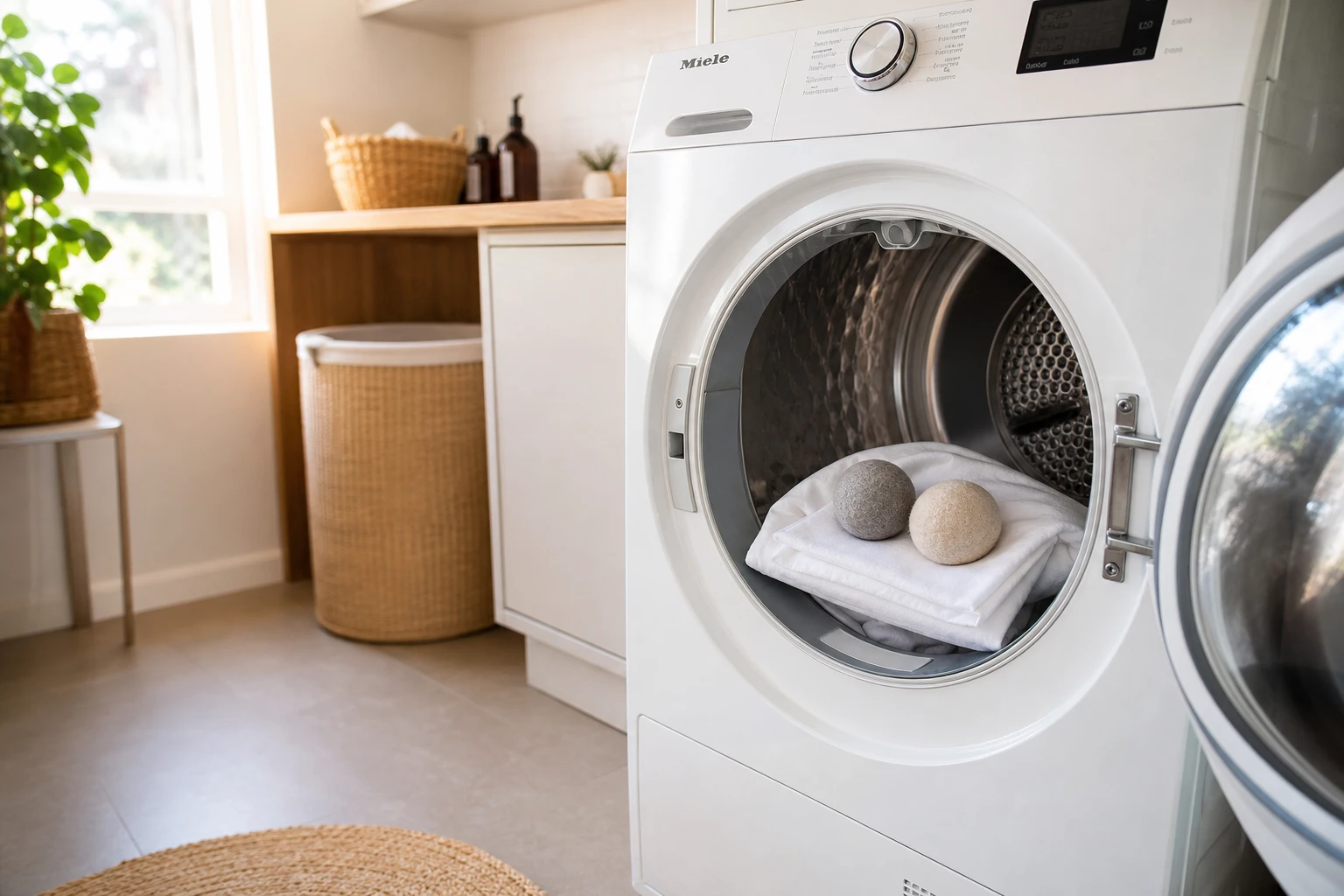 Balles de laine dans le tambour d'un sèche-linge ouvert, alternative à la balle de tennis