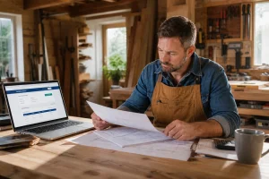 Menuisier vérifiant la fiabilité d'une entreprise de rénovation sur un ordinateur portable dans un atelier bois lumineux