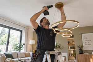 Artisan fixant un lustre au plafond en placo avec une perceuse dans un salon lumineux