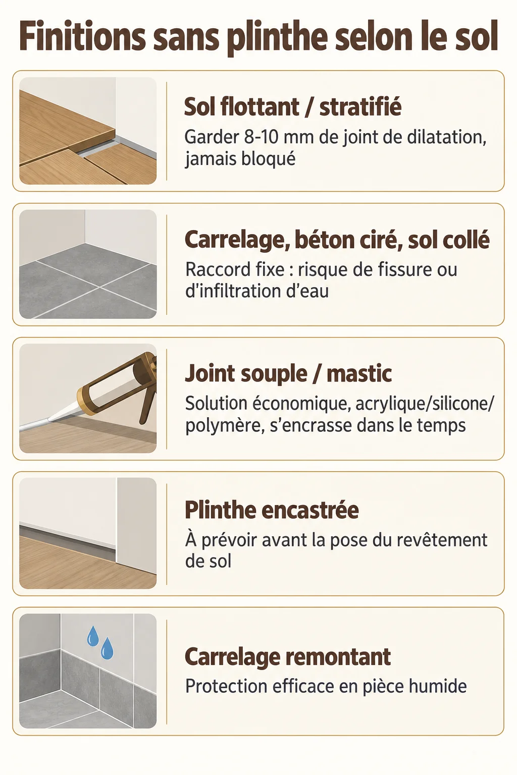 Finitions sans plinthe selon le sol : Sol flottant / stratifié, Carrelage, béton ciré, sol collé, Joint souple / mastic, Plinthe encastrée, Carrelage remontant