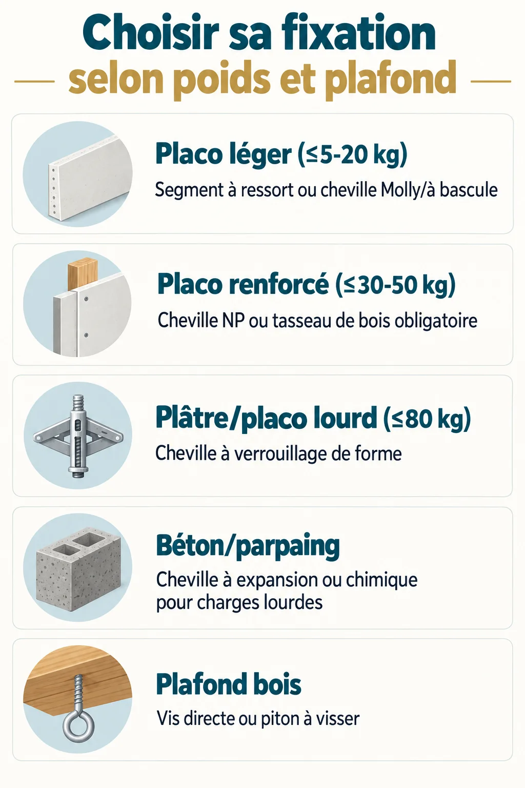 Choisir sa fixation selon poids et plafond : Placo léger (≤5-20 kg), Placo renforcé (≤30-50 kg), Plâtre/placo lourd (≤80 kg), Béton/parpaing, Plafond bois