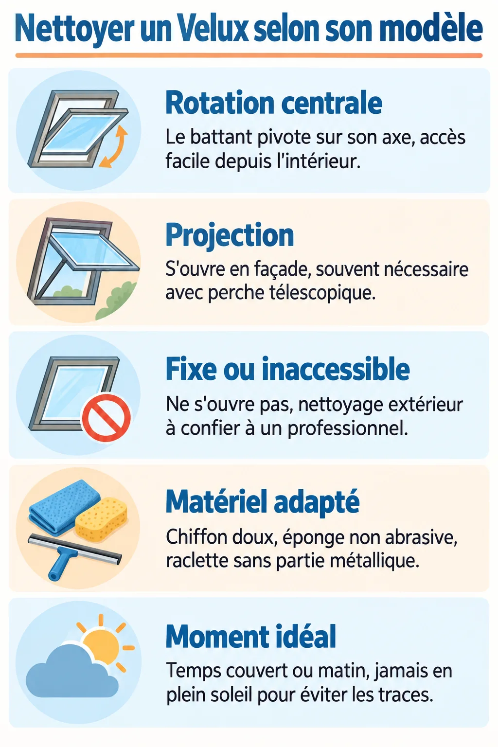 Nettoyer un Velux selon son modèle : Rotation centrale, Projection, Fixe ou inaccessible, Matériel adapté, Moment idéal