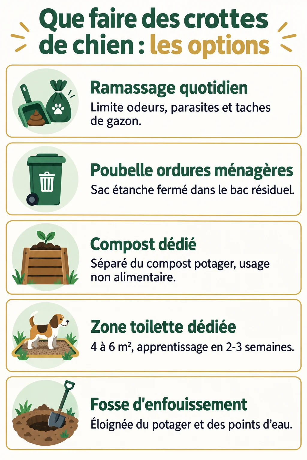 Que faire des crottes de chien : les options : Ramassage quotidien, Poubelle ordures ménagères, Compost dédié, Zone toilette dédiée, Fosse d'enfouissement