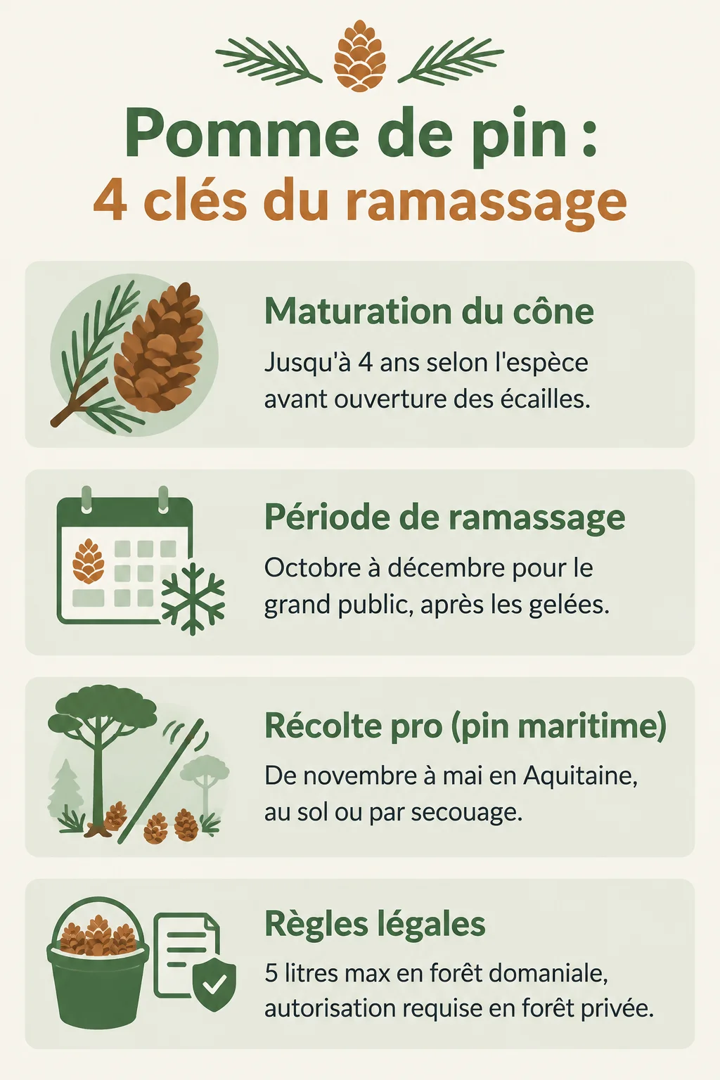 Pomme de pin : 4 clés du ramassage : Maturation du cône, Période de ramassage, Récolte pro (pin maritime), Règles légales
