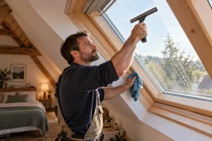 Nettoyage d'une fenêtre de toit Velux depuis l'intérieur avec un chiffon microfibre