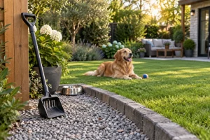 Pelle à crottes de chien posée dans un jardin près d'une zone dédiée en gravier