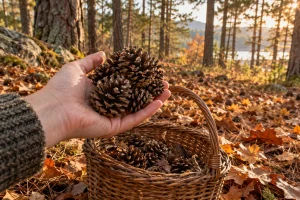 Main tenant des pommes de pin sèches au-dessus d'un panier en osier dans une forêt en automne